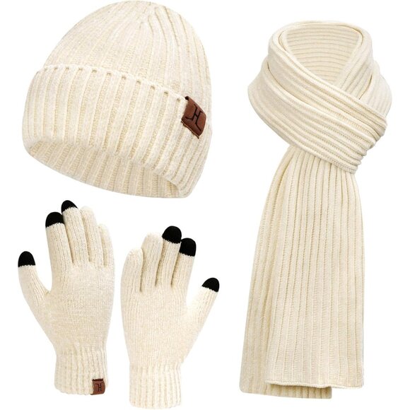 Winter Beanie Hat Scarf Gloves Set for Women and Men White Warm Knit Gift Idea - Picture 1 of 6